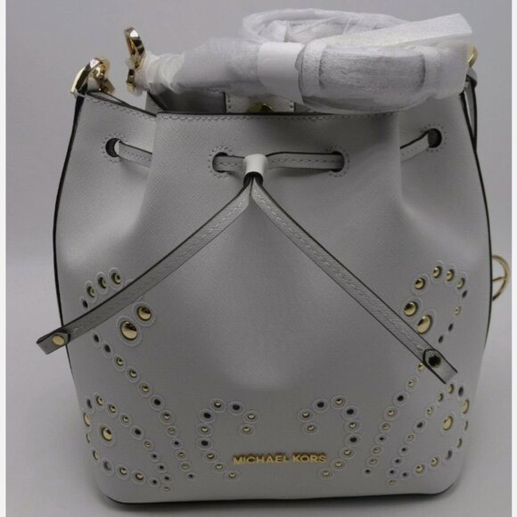 Michael Kors Trista Medium Bucket Bag Shoulder Studded White Leather Tote - Picture 1 of 2